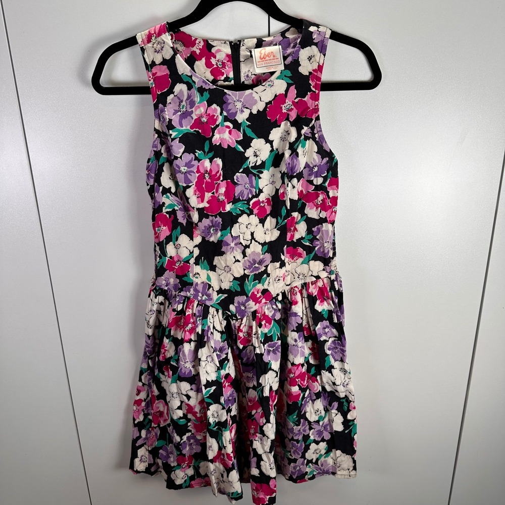 Vtg 80s Eber San Francisco Womens Sz 7/Sm Floral Smocked Drop Waist Romper‎